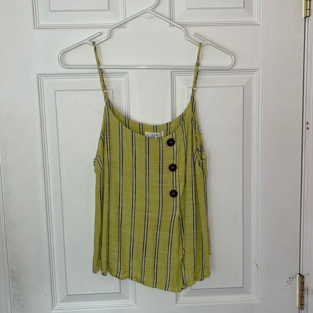 Cute Medium green/blue striped tank top, adjustable straps and buttons.